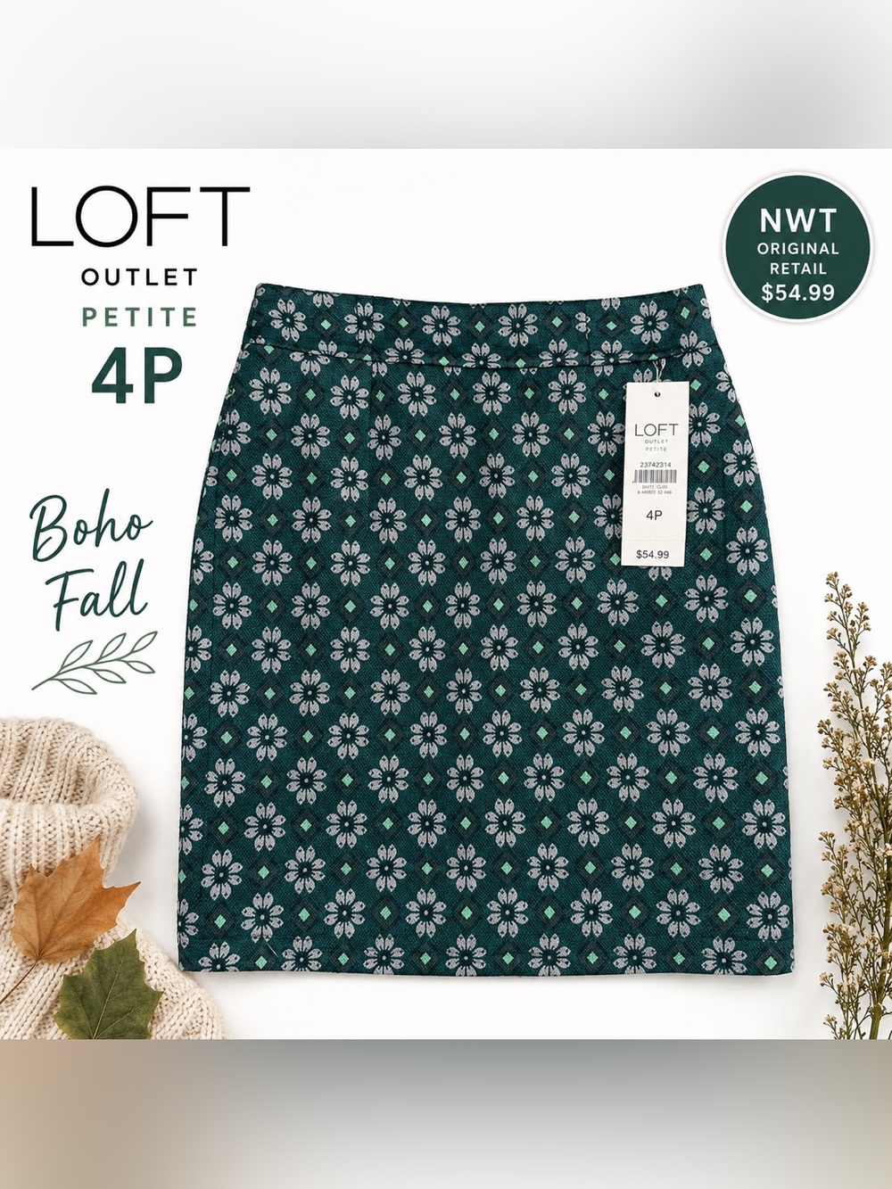 LOFT Outlet Petite Floral Jacquard Skirt 4P NWT Boho Fall